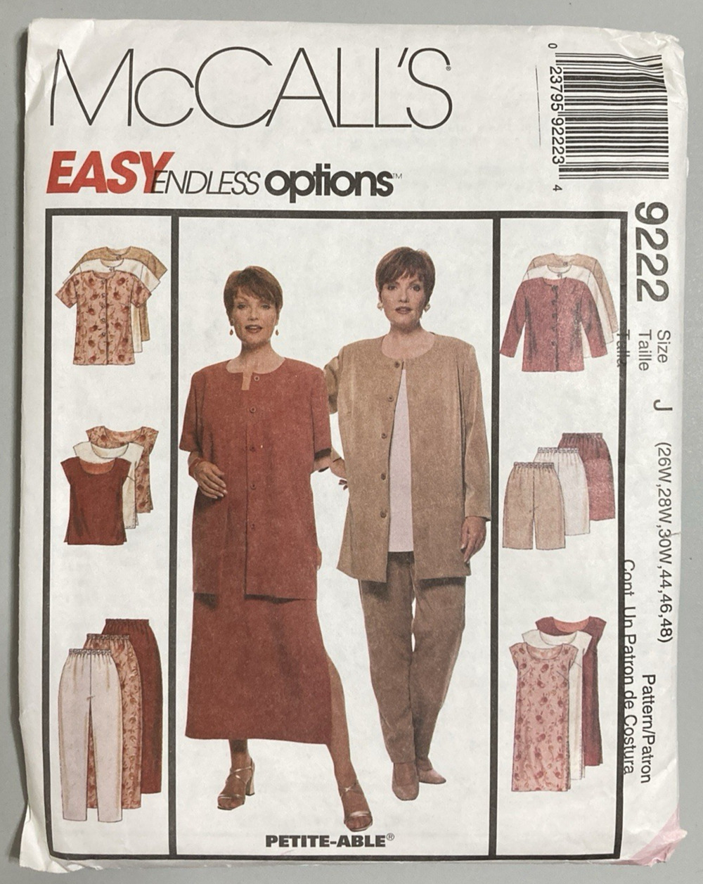 McCalls 9222 Easy Jacket Dress Top Shorts Pants Womens Pattern Sz 26W-30W UNCUT